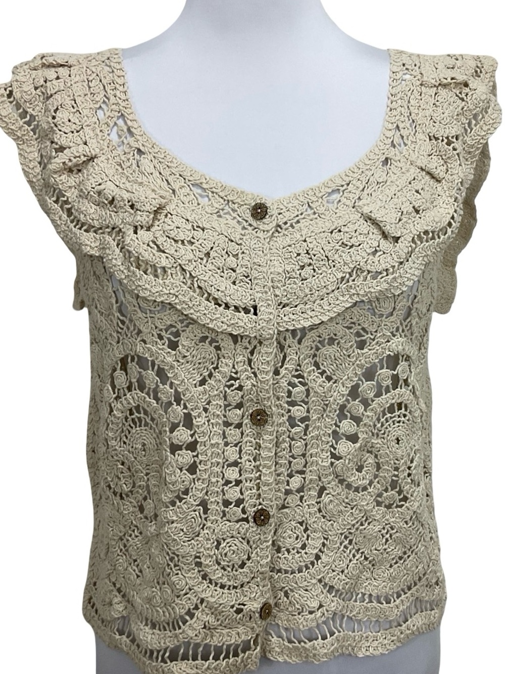 Bohemian Crochet Cream Button-Front Sleeveless Top Size Large